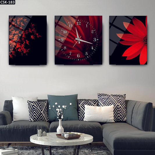Soyut Çiçekler - Saatli Cam Tablo - 183D - Dekopix