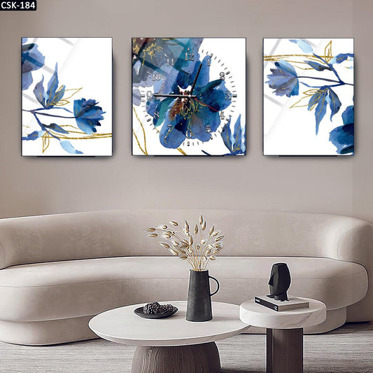 Soyut Sulu Boya Çiçekler - Saatli Cam Tablo - 184D - Dekopix