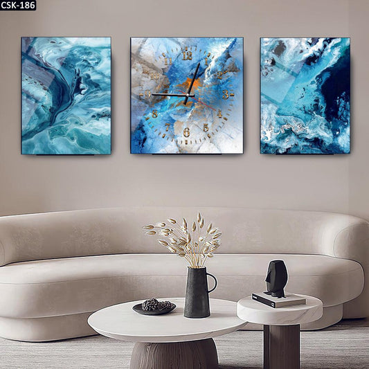 Mavi Soyut - Saatli Cam Tablo - 186D - Dekopix