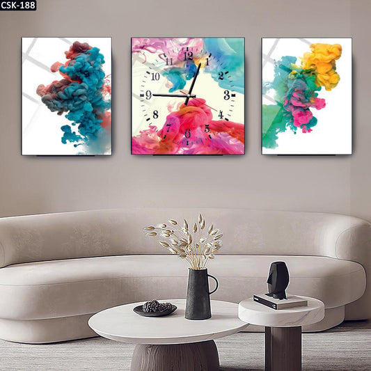 Soyut Renkler - Saatli Cam Tablo - 188D - Dekopix