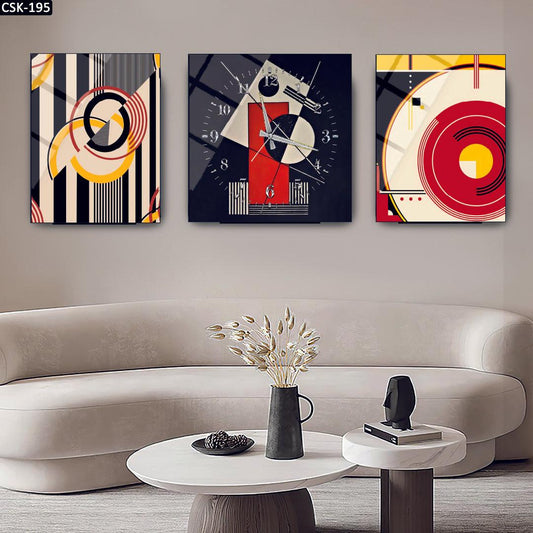 Çizgiler Soyut - Saatli Cam Tablo - 195D - Dekopix