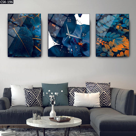 Soyut Yapraklar - Saatli Cam Tablo - 196D - Dekopix