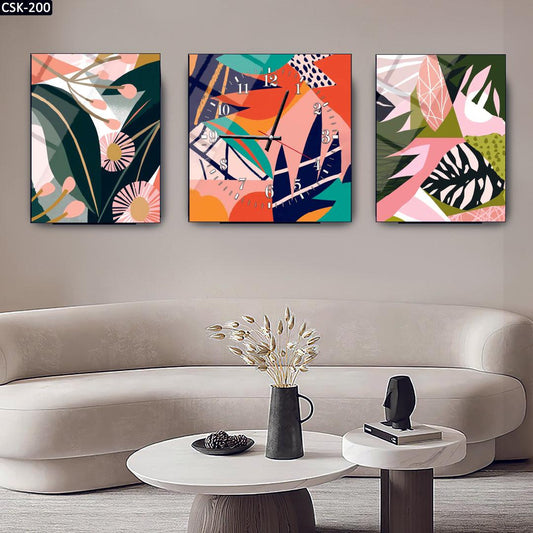 Soyut Çiçek Desenli - Saatli Cam Tablo - 200D - Dekopix