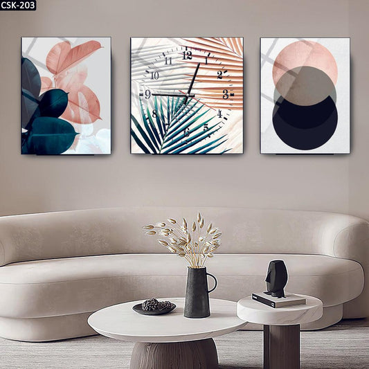 Soyut Yapraklar - Saatli Cam Tablo - 203D - Dekopix