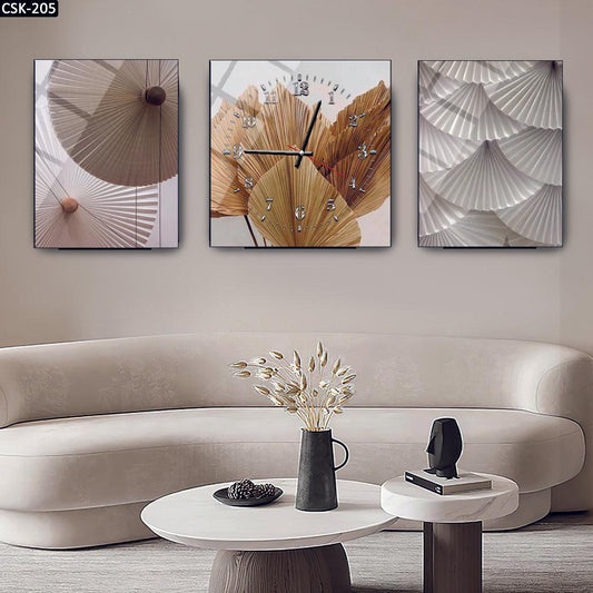 Soyut Yapraklar - Saatli Cam Tablo - 205D - Dekopix