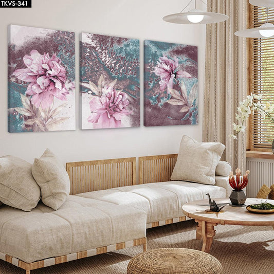 Pembe Çiçekler - 3'lü Kanvas Tablo - TKVS341 - Dekopix