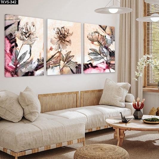 Renkli Çiçek - 3'lü Kanvas Tablo - TKVS342 - Dekopix