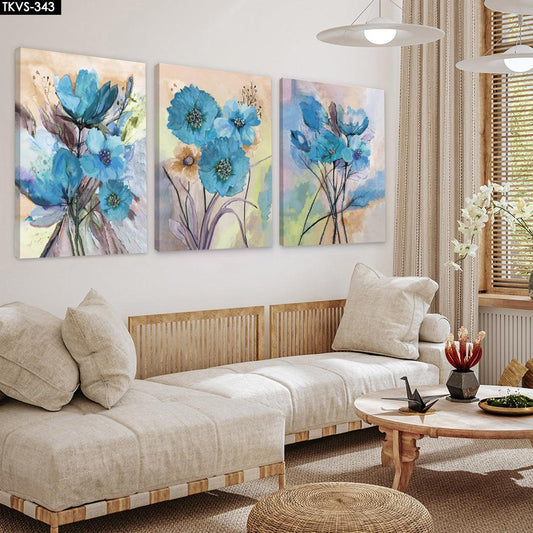 Mavi Renkli Çiçekler - 3'lü Kanvas Tablo - TKVS343 - Dekopix