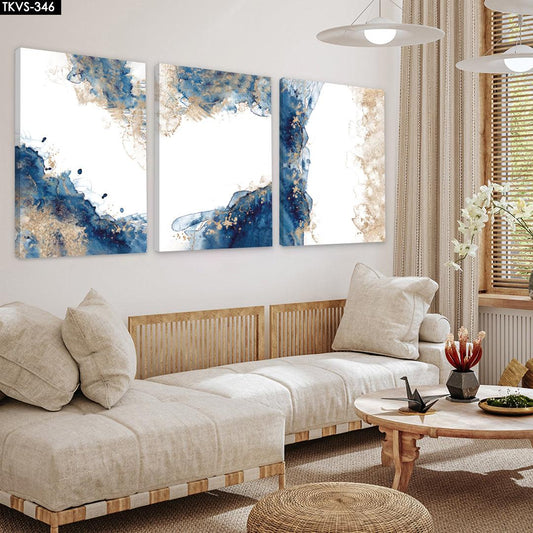 Mavi ve Gold - 3'lü Kanvas Tablo - TKVS346 - Dekopix