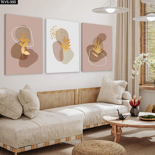 Gold Çiçekler - 3'lü Kanvas Tablo - TKVS350 - Dekopix