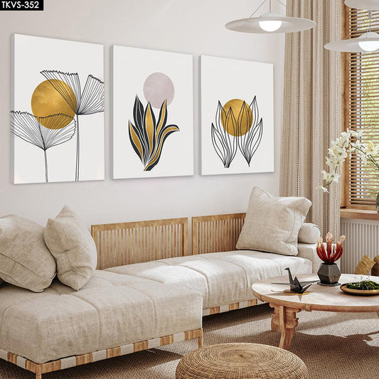 Line Çiçek Soyut - 3'lü Kanvas Tablo - TKVS352 - Dekopix