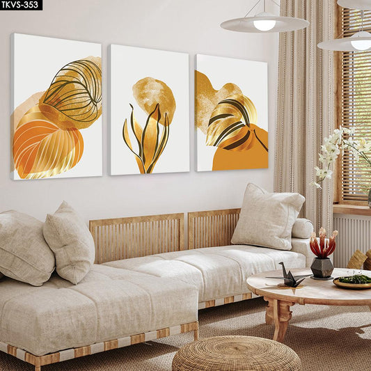 Line Yaprak Soyut - 3'lü Kanvas Tablo - TKVS353 - Dekopix