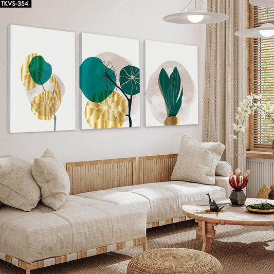 Gold Yaprak Soyut - 3'lü Kanvas Tablo - TKVS354 - Dekopix