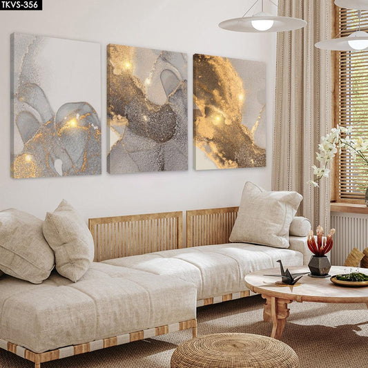 Gold Soyut - 3'lü Kanvas Tablo - TKVS356 - Dekopix