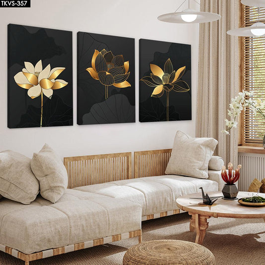 Gold Yapraklar Soyut - 3'lü Kanvas Tablo - TKVS357 - Dekopix