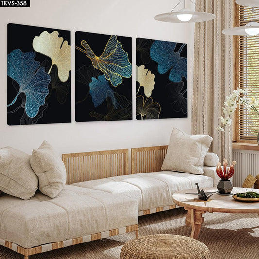 Soyut Mavi Yapraklar - 3'lü Kanvas Tablo - TKVS358 - Dekopix