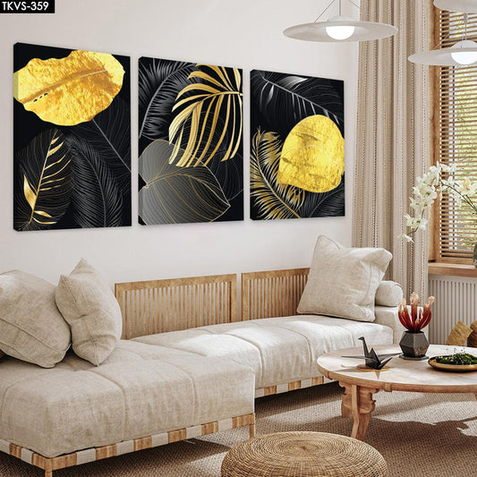 Soyut Palmiye Yaprakları - 3'lü Kanvas Tablo - TKVS359 - Dekopix