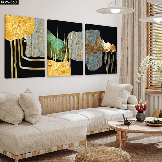 Soyut Gold Damlaları - 3'lü Kanvas Tablo - TKVS360 - Dekopix