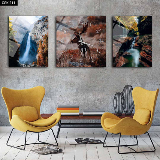 Geyik ve Şelale - Saatli Cam Tablo - CSK-211 - Dekopix