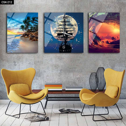 Deniz Manzarası - Saatli Cam Tablo - CSK-212 - Dekopix