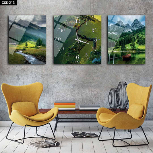 Doğa Manzarası - Saatli Cam Tablo - CSK-213 - Dekopix