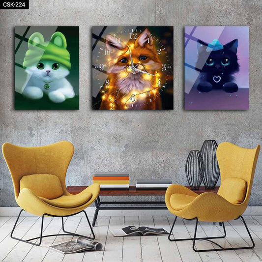 Tatlı Hayvanlar - Saatli Cam Tablo - CSK-224 - Dekopix