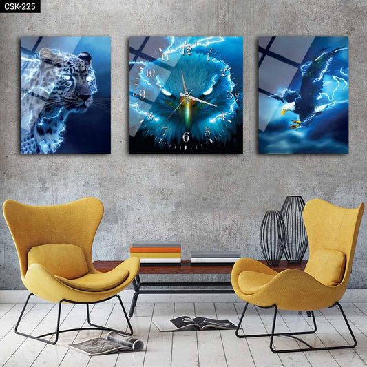 Yıldırımlı Kartal ve Çita - Saatli Cam Tablo - CSK-225 - Dekopix