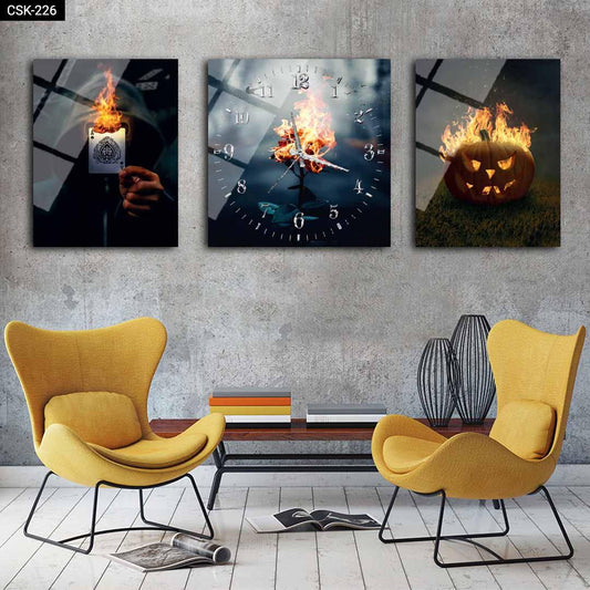 Yanan Gül - Saatli Cam Tablo - CSK-226 - Dekopix