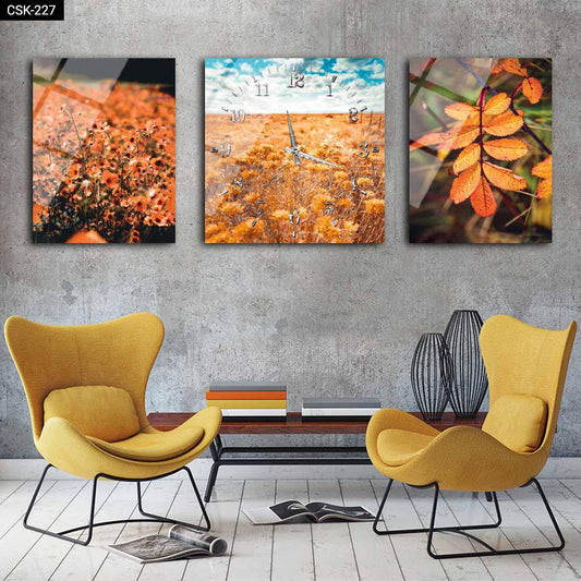 Turuncu Yapraklar - Saatli Cam Tablo - CSK-227 - Dekopix