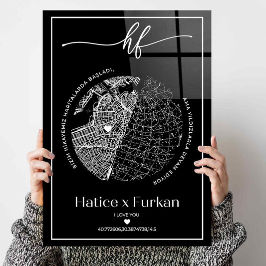 Kişiye Özel - Haritalardan Yıldızlara Taşan Aşk - Cam Tablo - Dekopix
