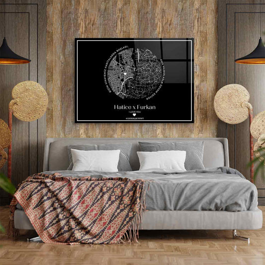 Kişiye Özel - Haritalardan Yıldızlara Taşan Aşk - Yatay - Cam Tablo - Dekopix