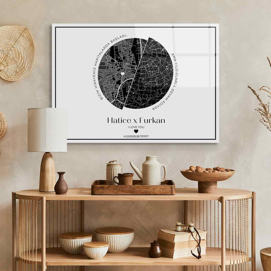 Kişiye Özel - Haritalardan Yıldızlara Taşan Aşk - Beyaz - Yatay - Cam Tablo - Dekopix