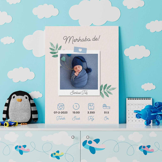 Kişiye Özel - Merhaba De! Erkek Bebek İçin - Kanvas Tablo - Dekopix