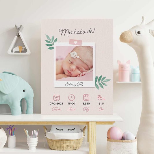 Kişiye Özel - Merhaba De! Kız Bebek İçin - Kanvas Tablo - Dekopix