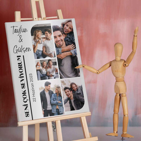Kişiye Özel - 5 Fotoğraflı Seni Çok Seviyorum Yazılı - Kanvas Tablo - Dekopix