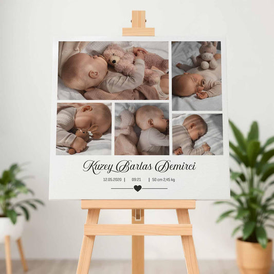 Kişiye Özel - 5 Fotoğraflı Yeni Doğan Bebek - Kare - Kanvas Tablo - Dekopix