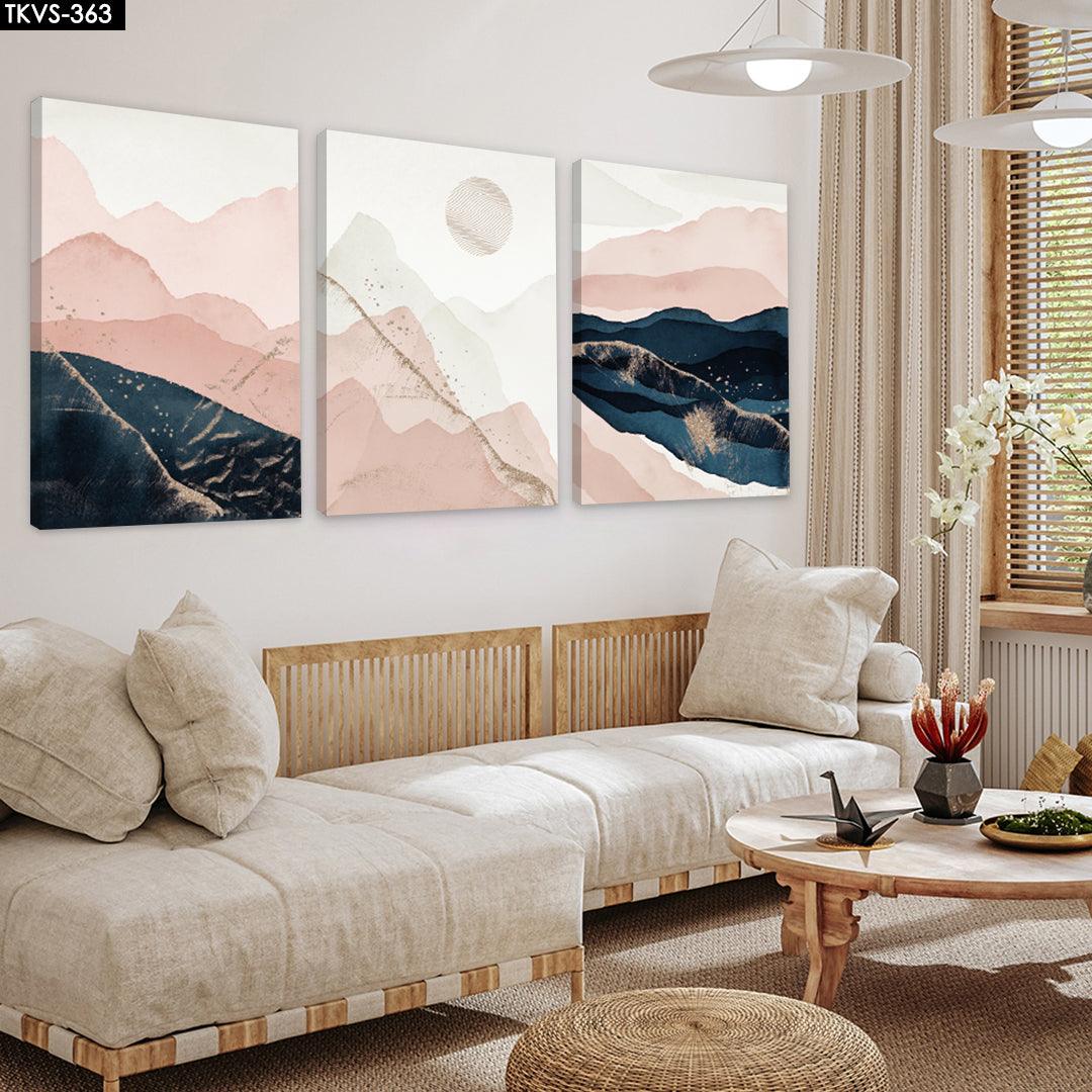 Pembe Dağlar Soyut - 3'lü Kanvas Tablo - TKVS363 - Dekopix