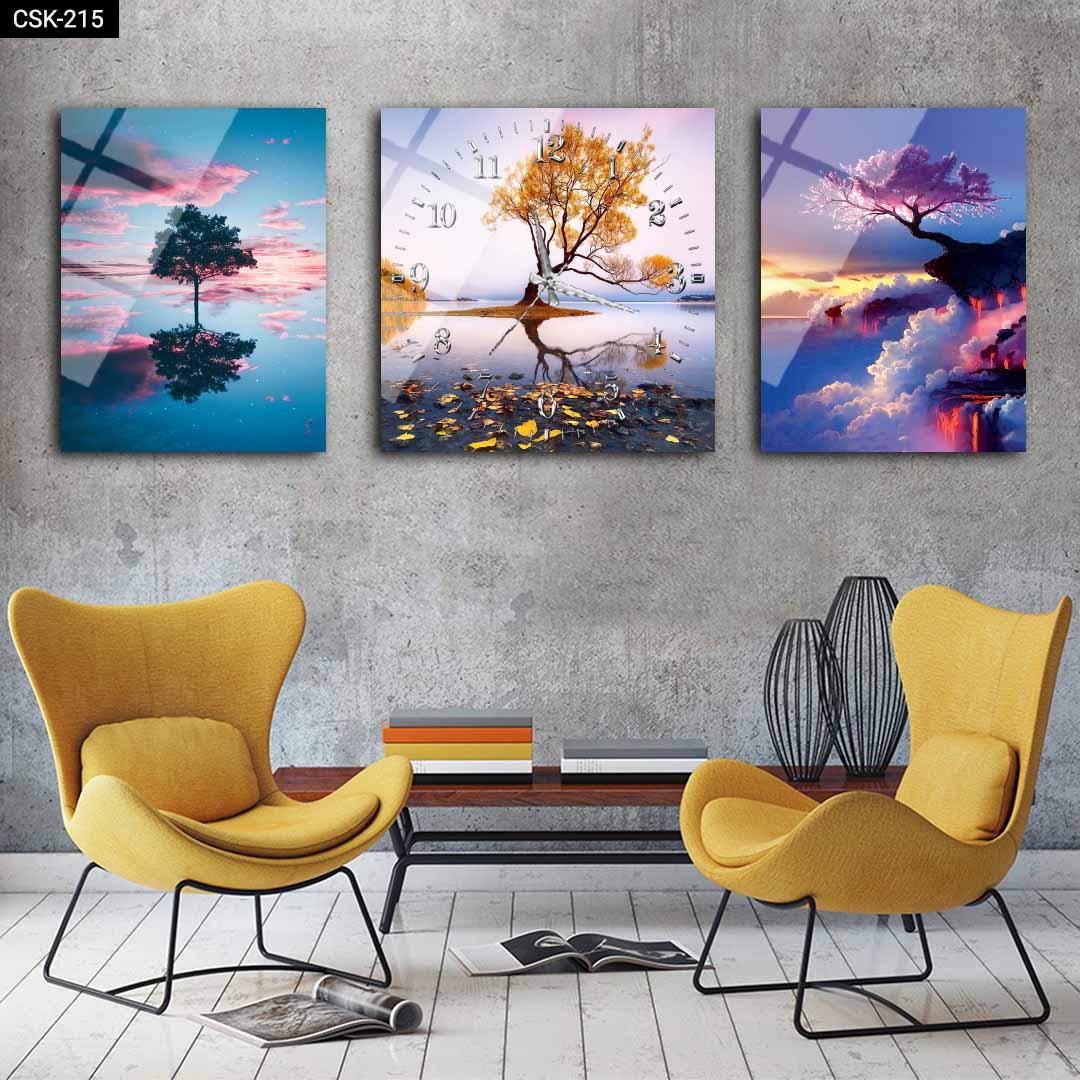 Renkli Ağaç - Saatli Cam Tablo - CSK-215 - Dekopix