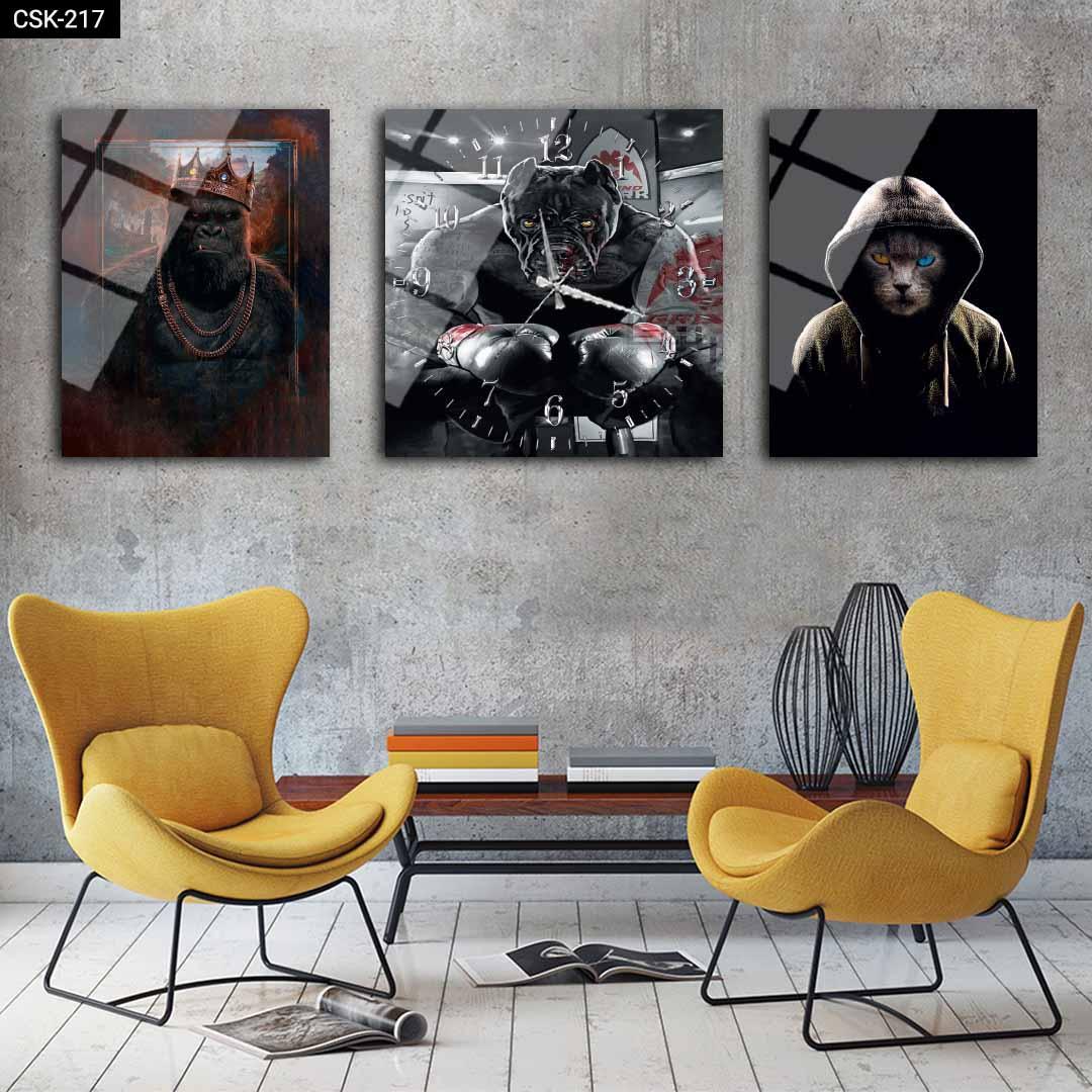 Dövüşçü Hayvanlar - Saatli Cam Tablo - CSK-217 - Dekopix