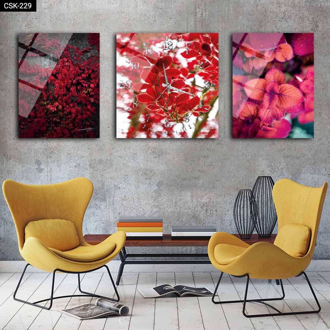 Kırmızı Çiçekler - Saatli Cam Tablo - CSK-229 - Dekopix