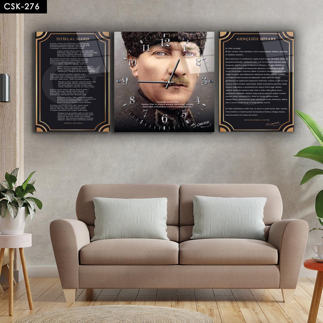 Atatürk İstiklal Marşı ve Gençliğe Hitabe - Saatli Cam Tablo - CSK-276A - Dekopix